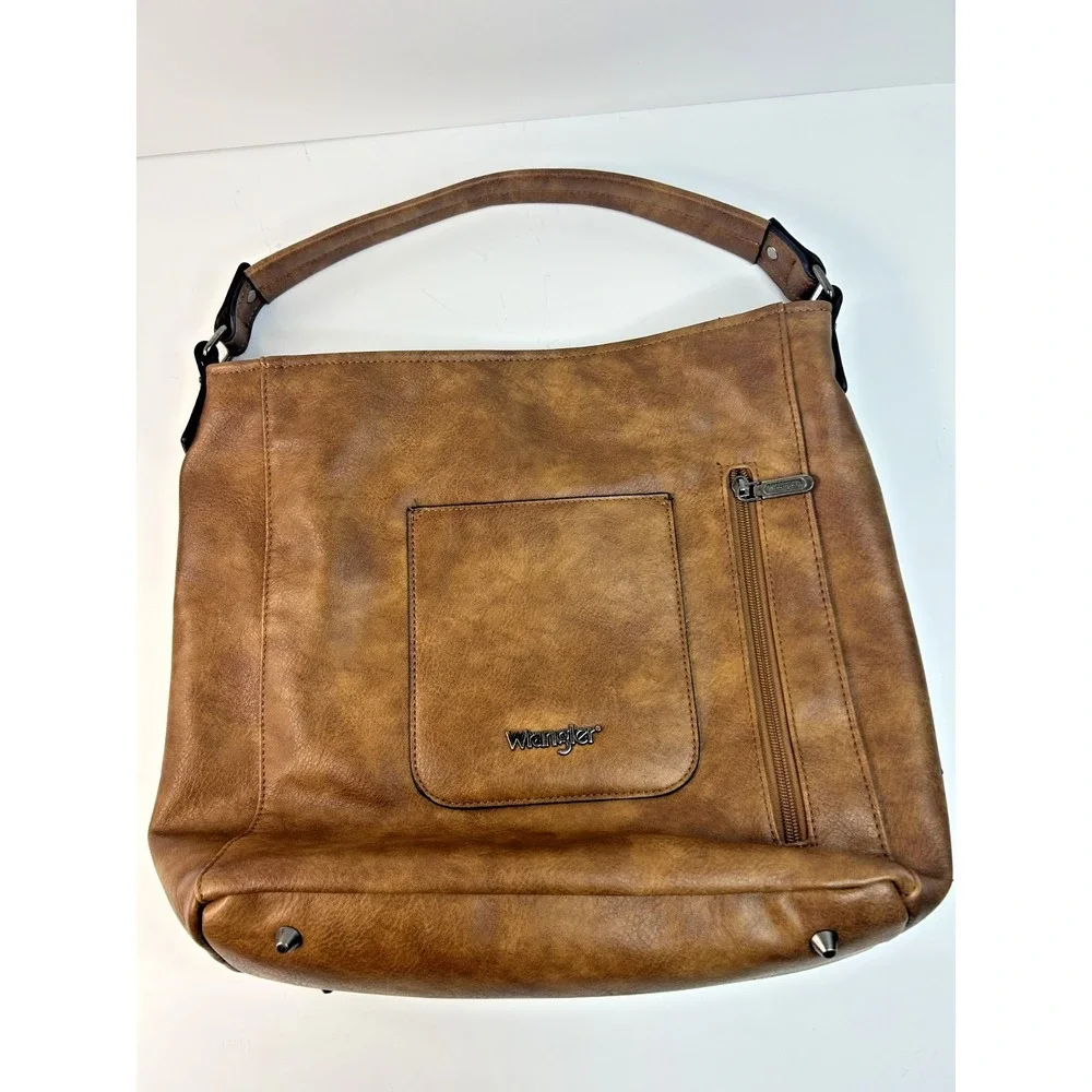 Wrangler Concealed Carrry Purse Tote Faux Leather Large Brown Pockets Full Zip